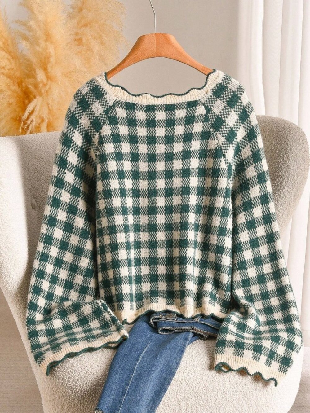 green Casual Slim Fit Women's Round Neck Gingham Plaid Raglan Pullovers - Picture 2 of 6